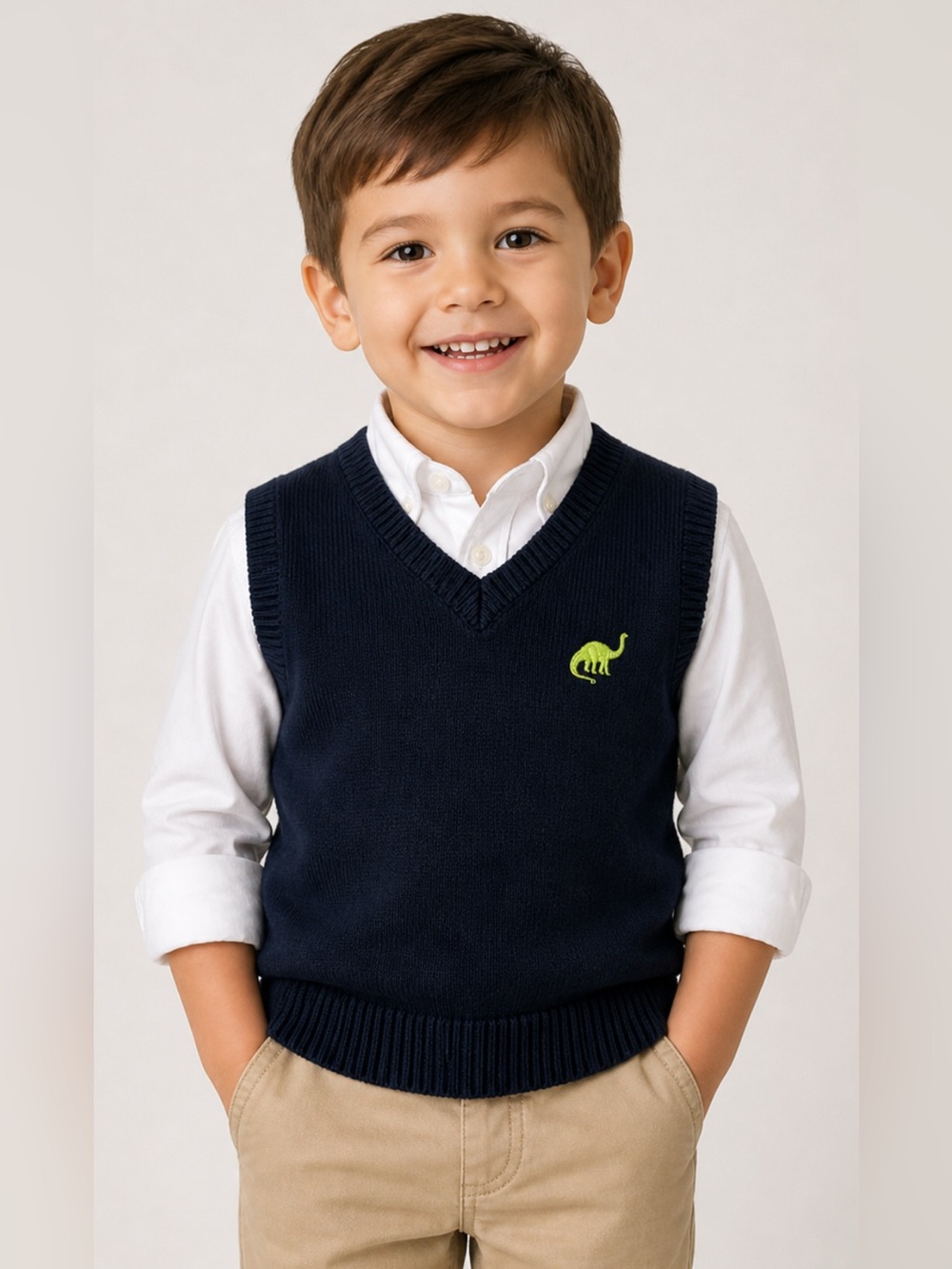 Greendog Vintage Boys Navy Blue Knit Sweater Vest Green Dinosaur Size 6